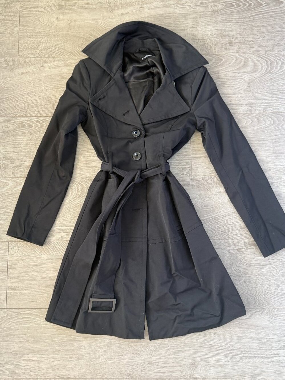 Bebe Trench Coat Black Belted Fitted Collar Jacket Size XS